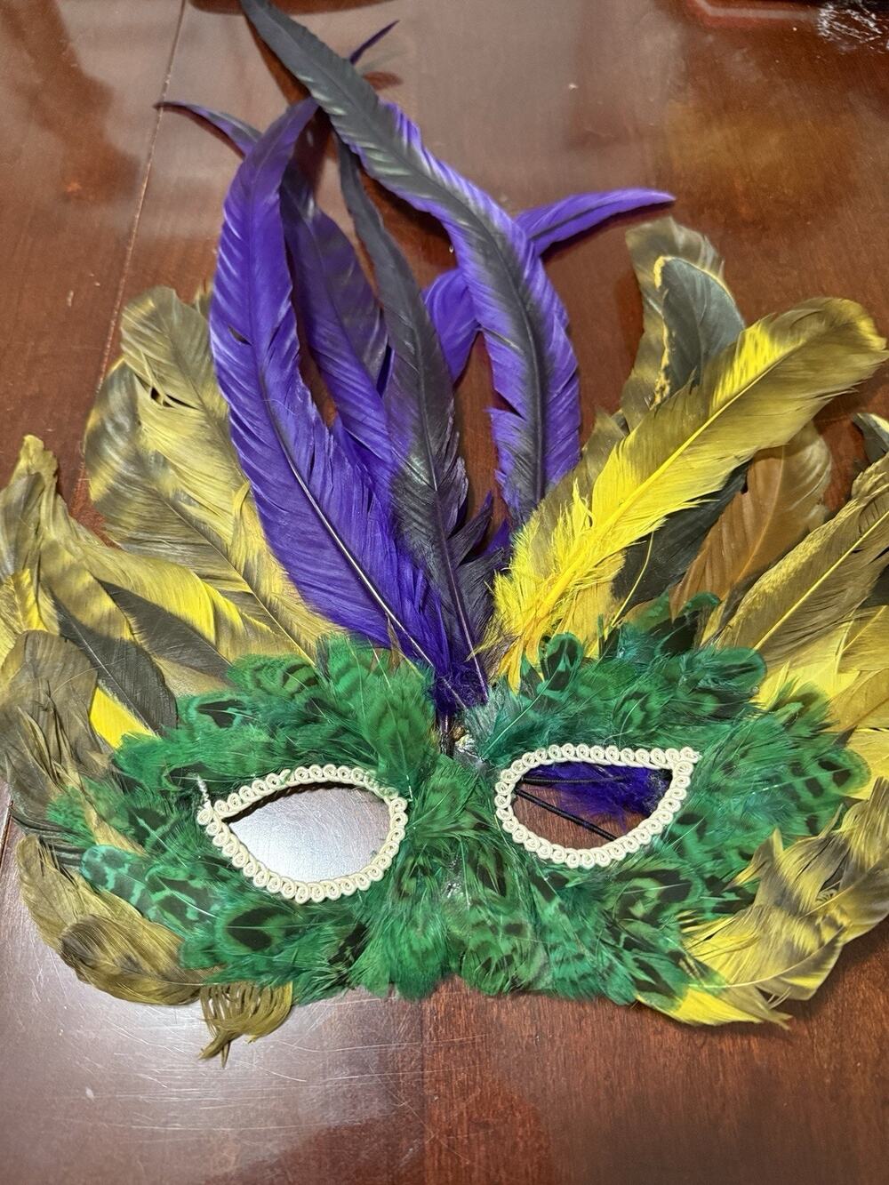 Vintage Purple Green Yellow Marquise Costume Feather Masquerade Mardi Gras Mask